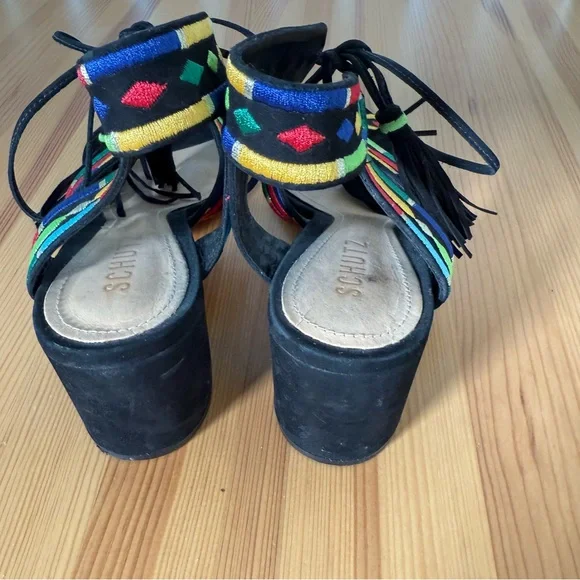 Schutz Heeled Sandals Embroidered with Tassels Boho 8.5 - Picture 6 of 9